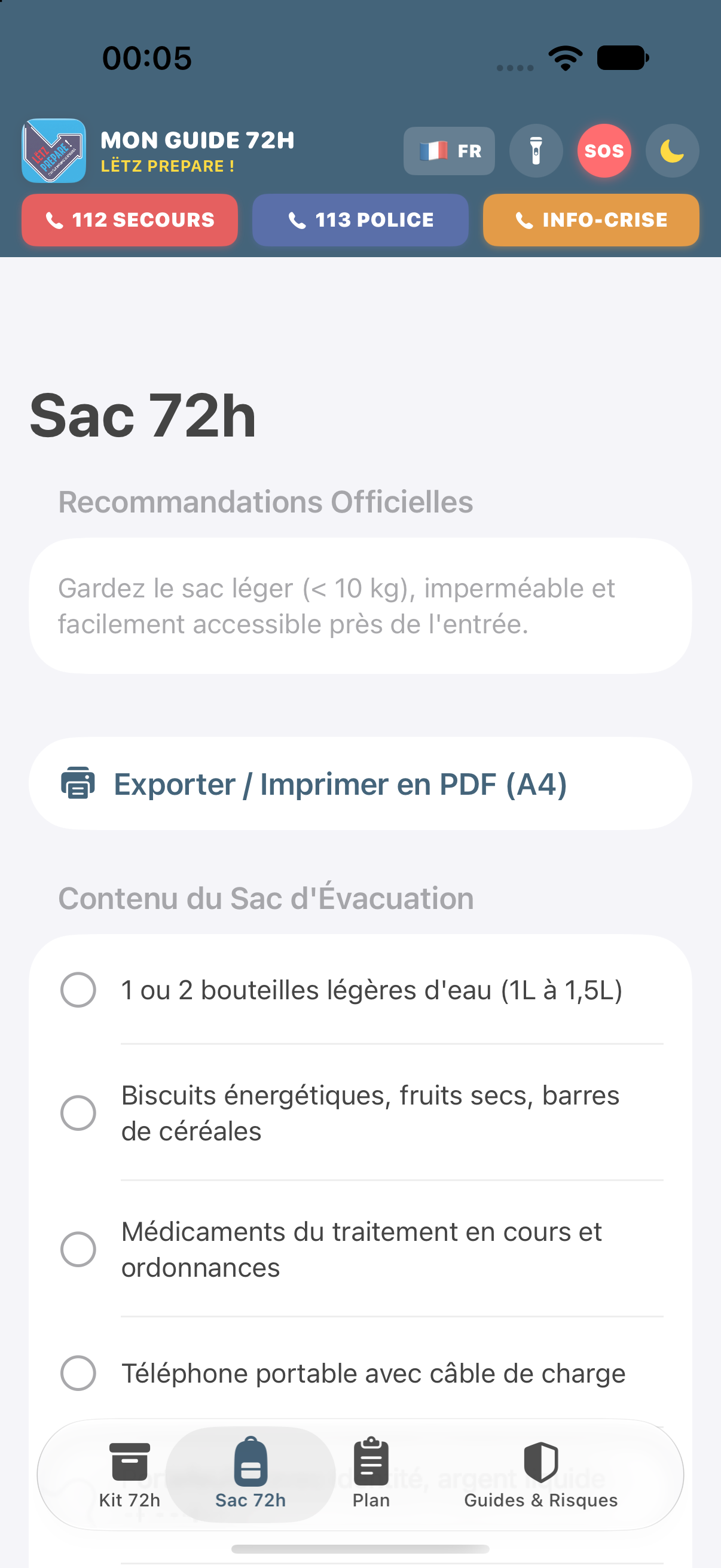 Sac d'évacuation 72h