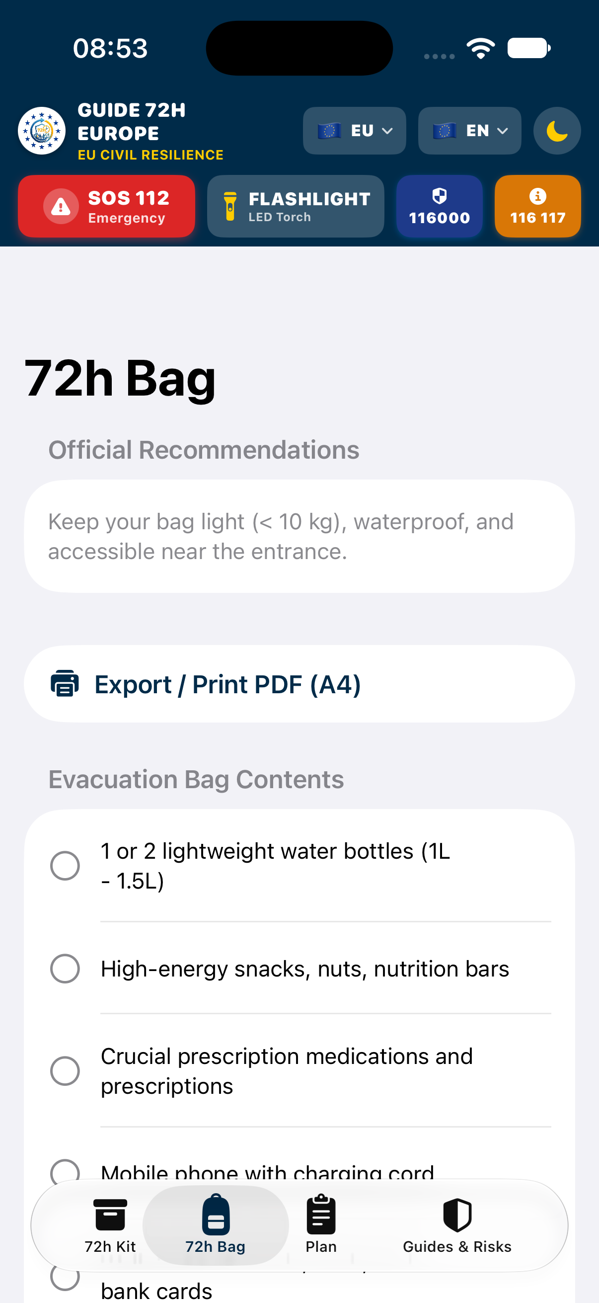 Sac d'évacuation 72h